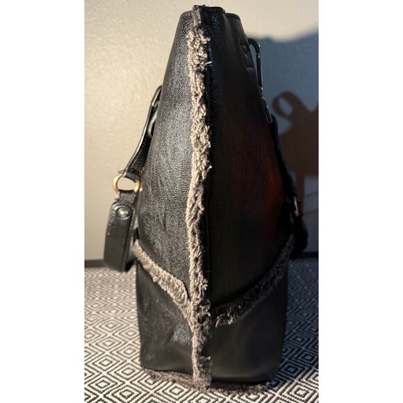 Calvin Klein Black leather & Suede w/ Grey Soft Fringe Reversible Tote Purse - Picture 7 of 9